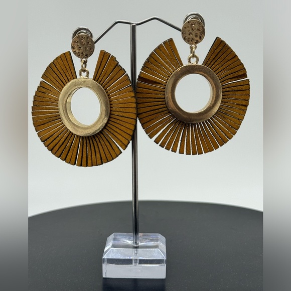 INC Leather Fringe BOHO Circle Gold Tone Post Earrings - Picture 3 of 8